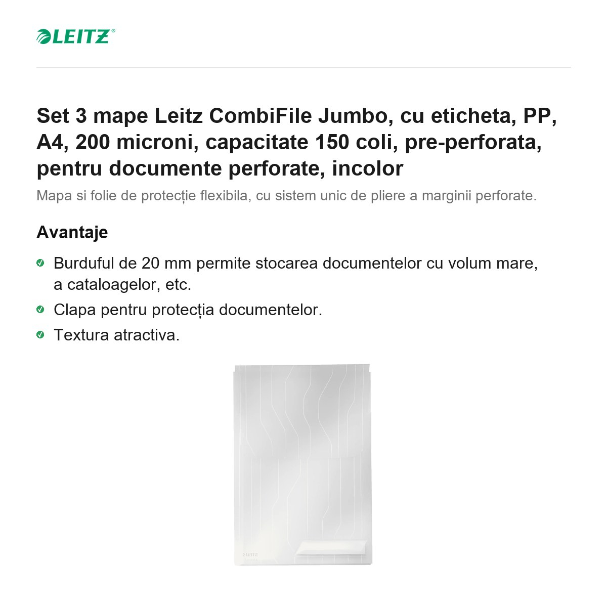 Set 3 mape Leitz CombiFile Jumbo, cu eticheta, PP, A4, 200 microni, capacitate 150 coli, pre-perforata, pentru documente perforate, incolor [2]