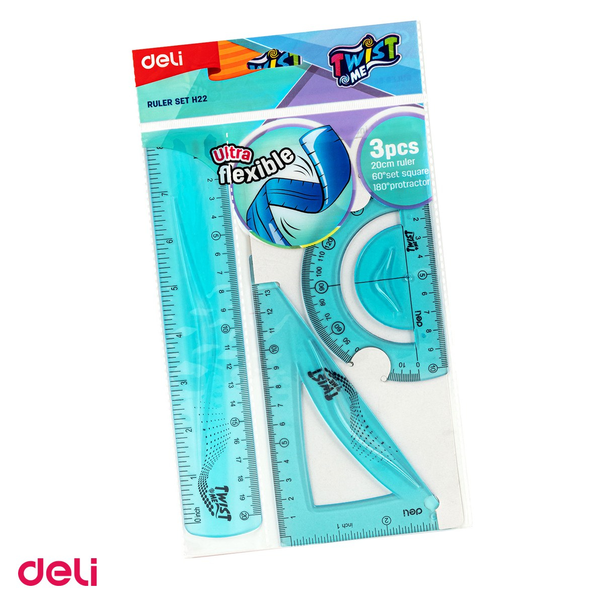 Set 3 piese Deli Geometrie Flexibil Twist, me color, rig.20, ech.13 raportor [1]