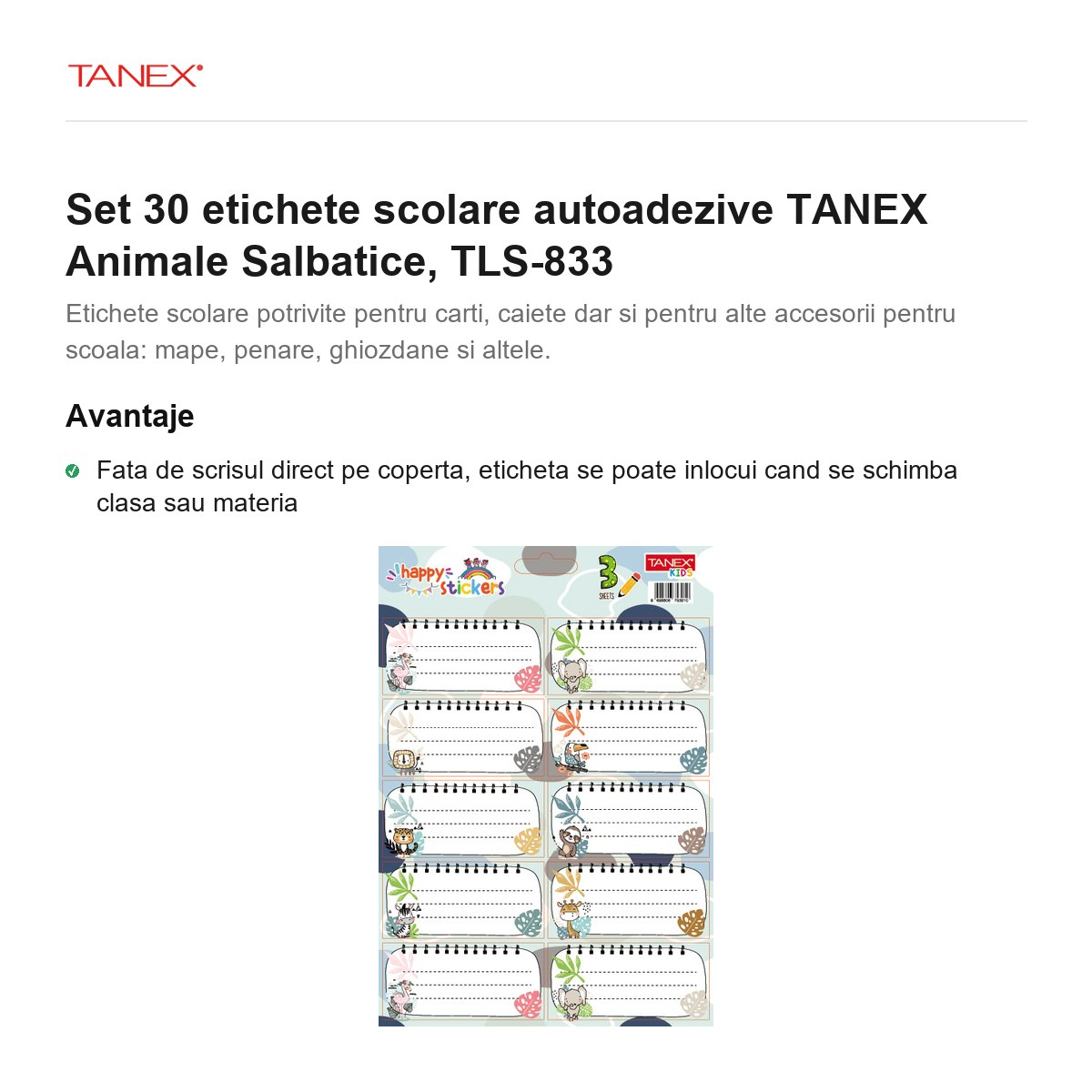 Set 30 etichete scolare autoadezive TANEX Animale Salbatice, TLS-833 [2]