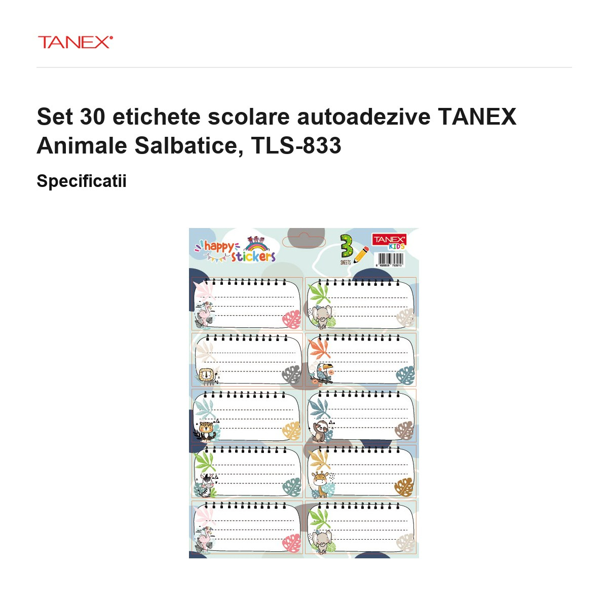 Set 30 etichete scolare autoadezive TANEX Animale Salbatice, TLS-833 [3]