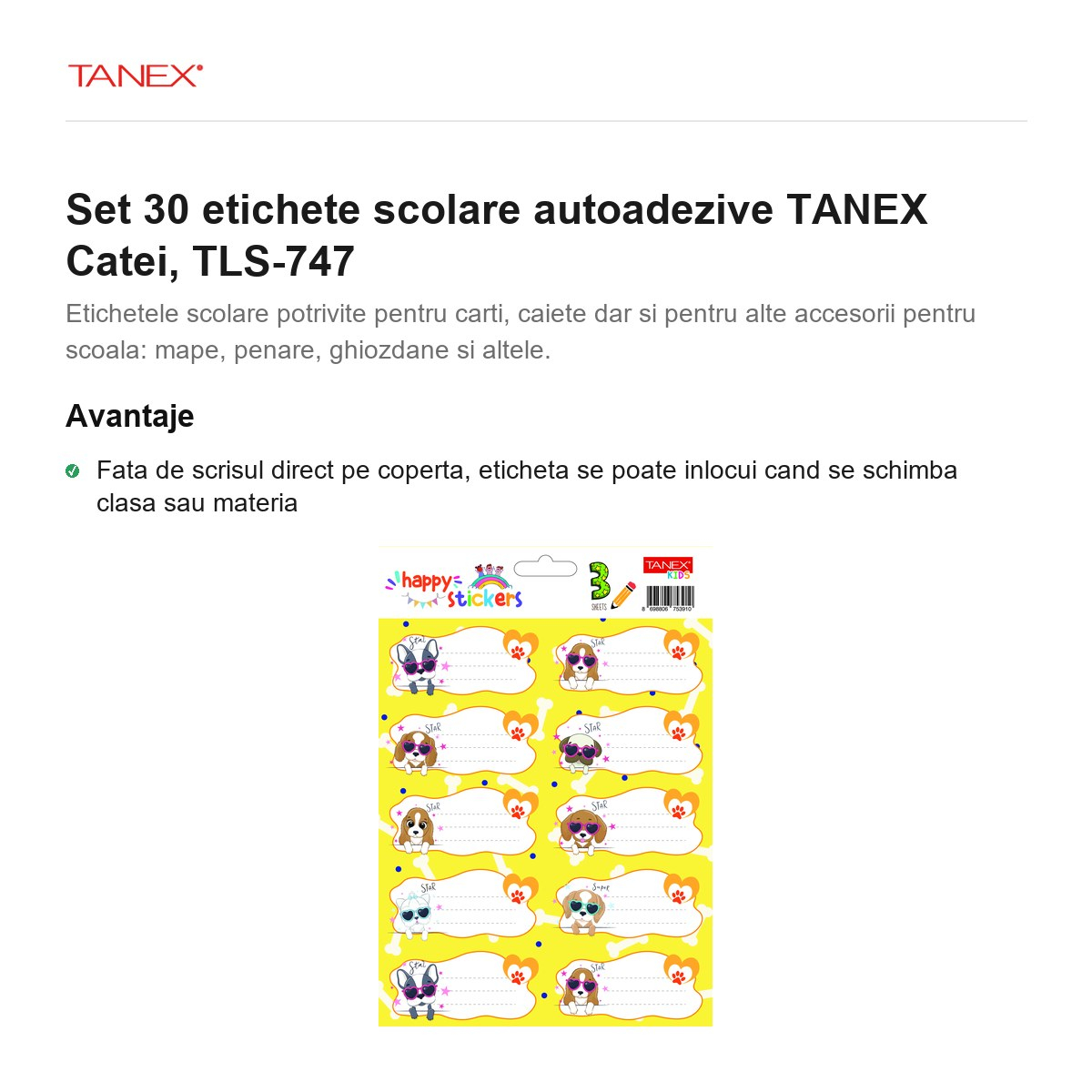 Set 30 etichete scolare autoadezive TANEX Catei, TLS-747 [2]