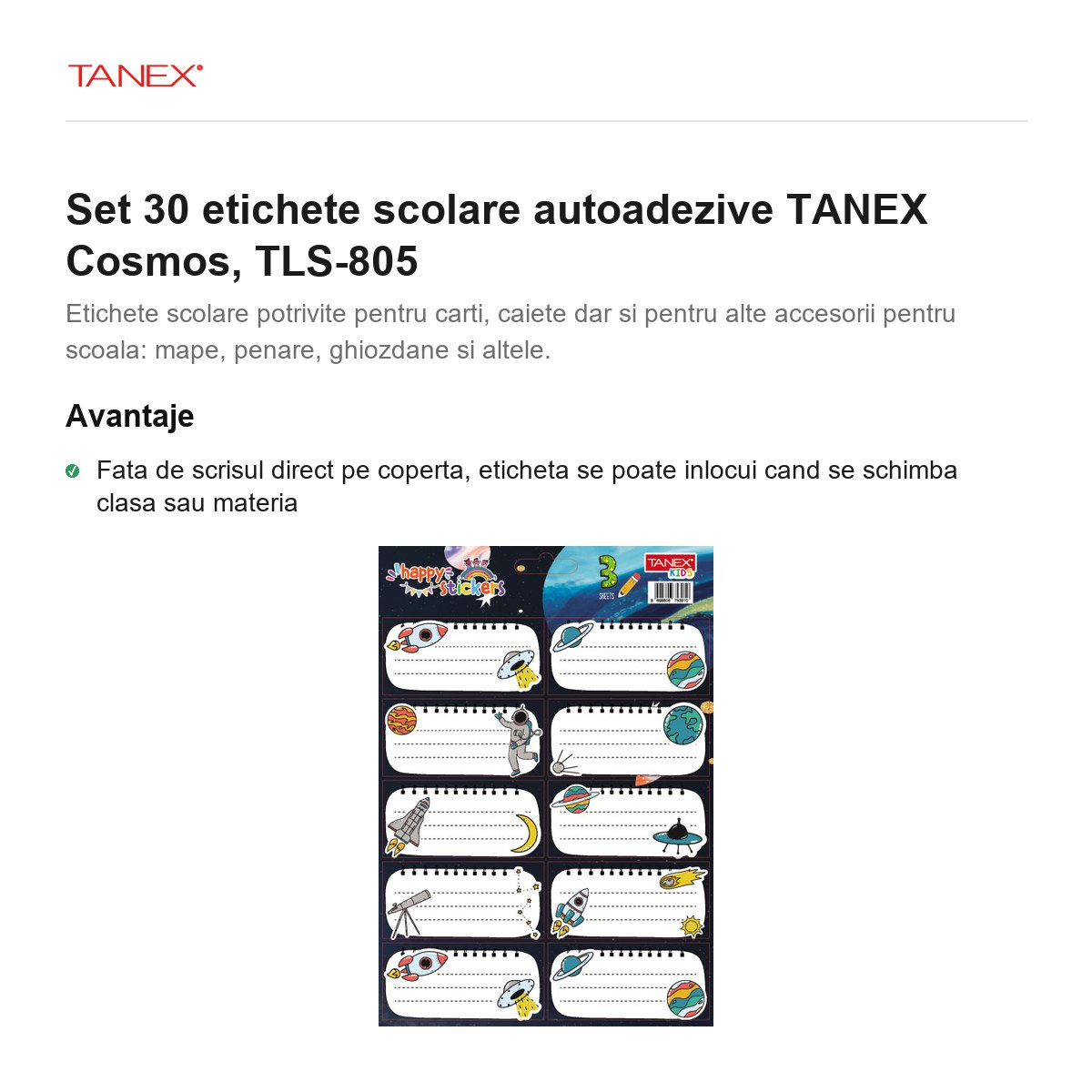 Set 30 etichete scolare autoadezive TANEX Cosmos, TLS-805 [2]