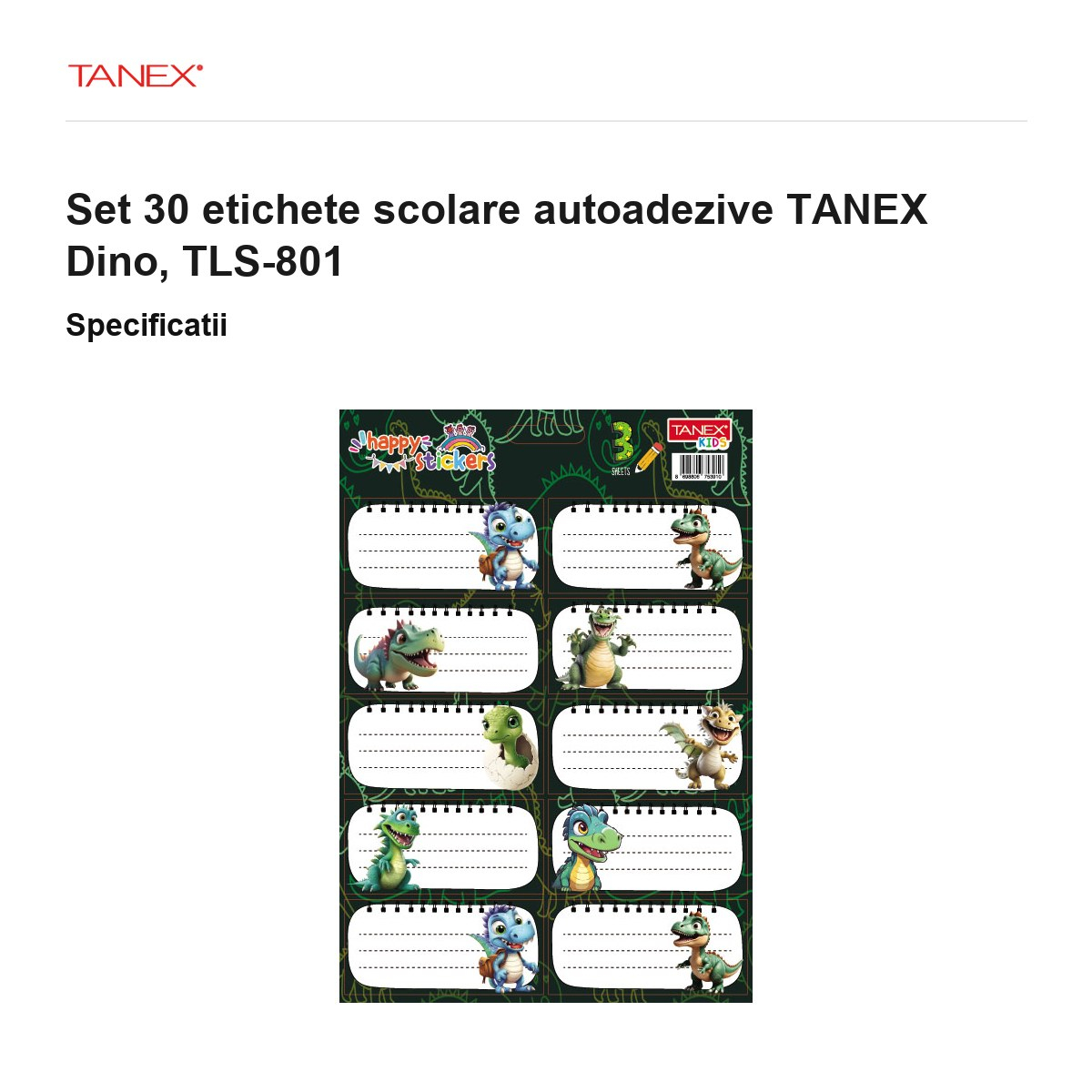 Set 30 etichete scolare autoadezive TANEX Dino, TLS-801 [3]