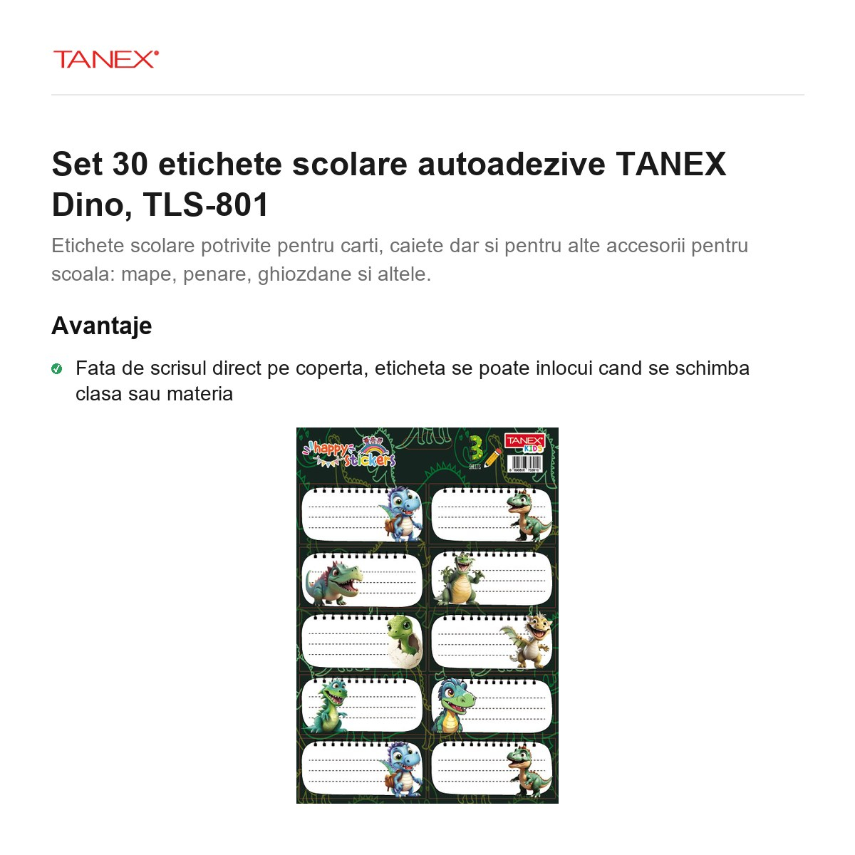 Set 30 etichete scolare autoadezive TANEX Dino, TLS-801 [2]