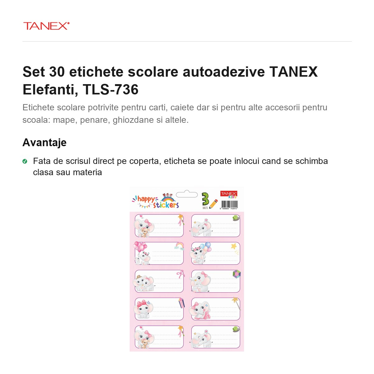Set 30 etichete scolare autoadezive TANEX Elefanti, TLS-736 [2]