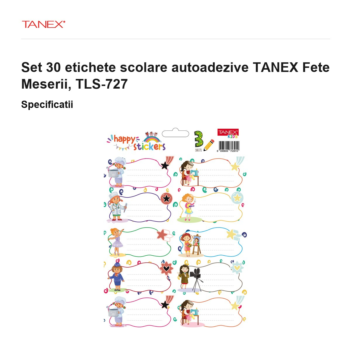 Set 30 etichete scolare autoadezive TANEX Fete Meserii, TLS-727 [3]