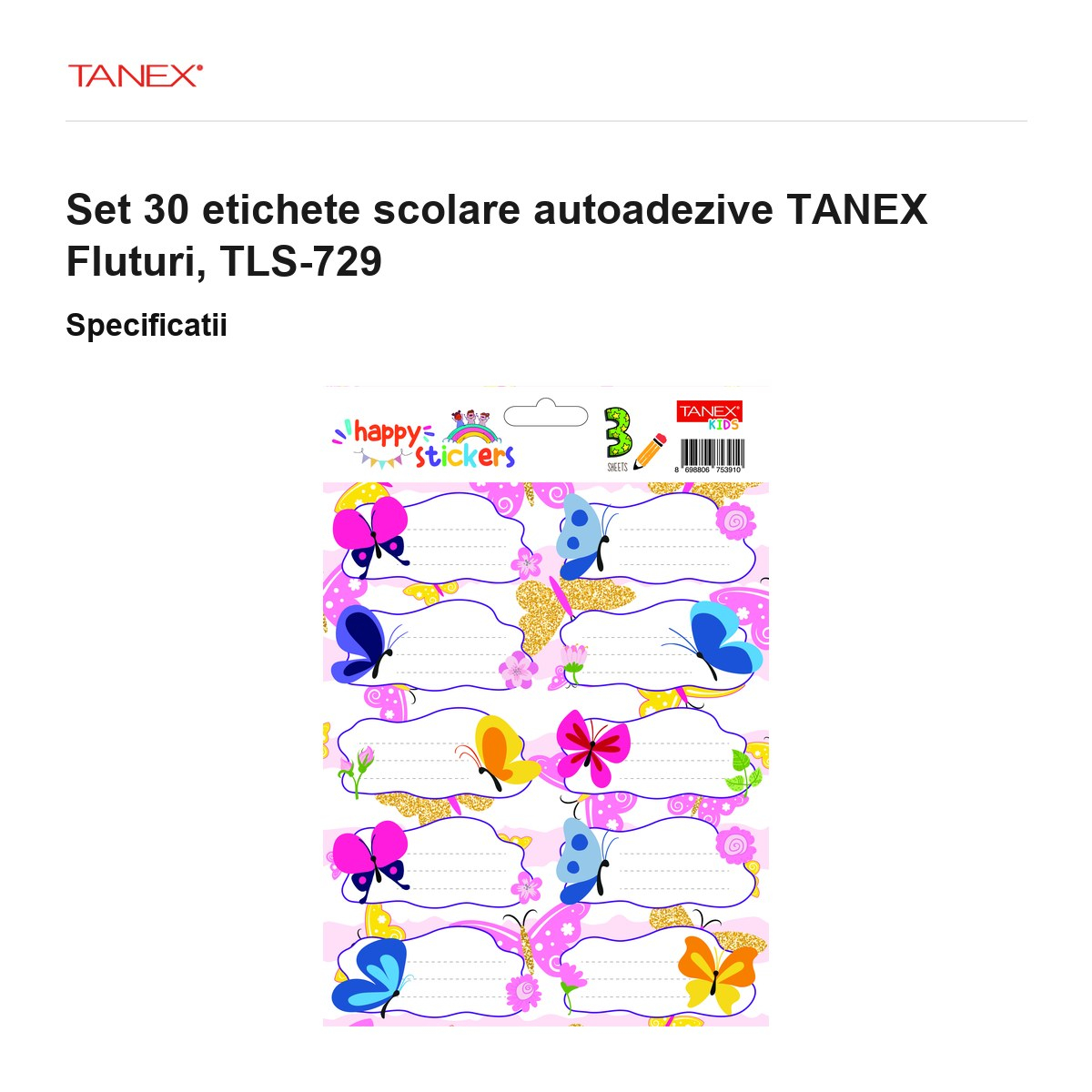 Set 30 etichete scolare autoadezive TANEX Fluturi, TLS-729 [3]