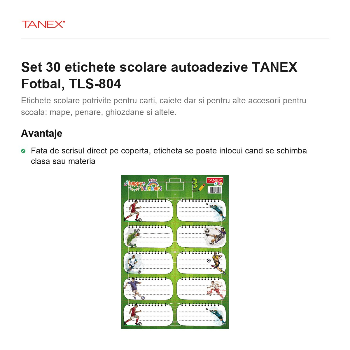 Set 30 etichete scolare autoadezive TANEX Fotbal, TLS-804 [2]