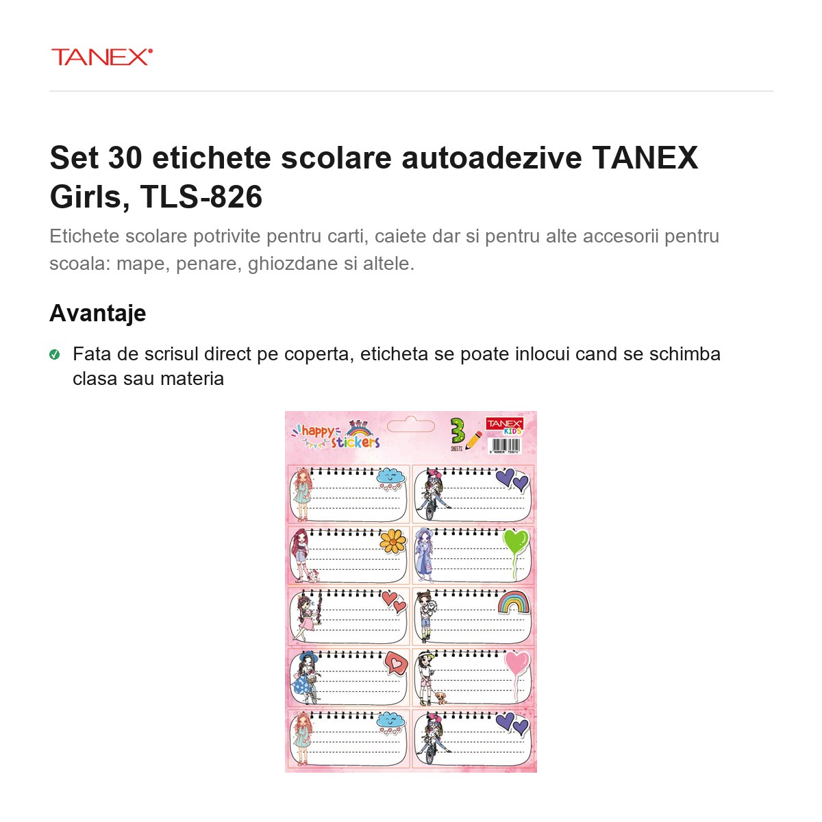 Set 30 etichete scolare autoadezive TANEX Girls, TLS-826 [2]