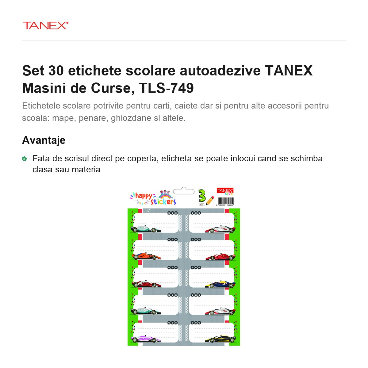 Set 30 etichete scolare autoadezive TANEX Masini de Curse, TLS-749 [2]