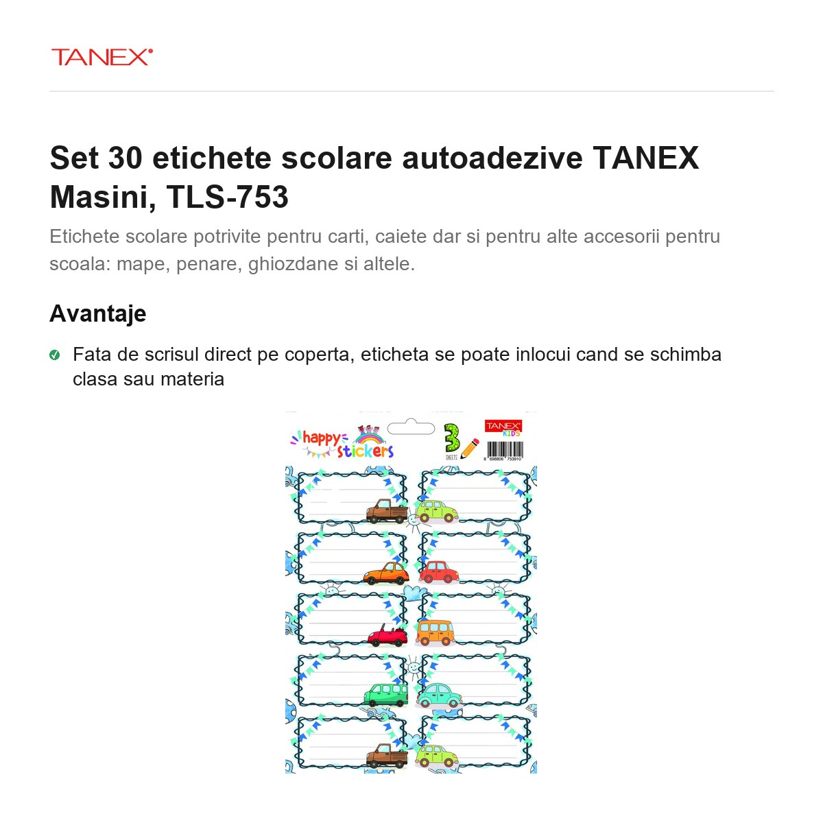 Set 30 etichete scolare autoadezive TANEX Masini, TLS-753 [2]