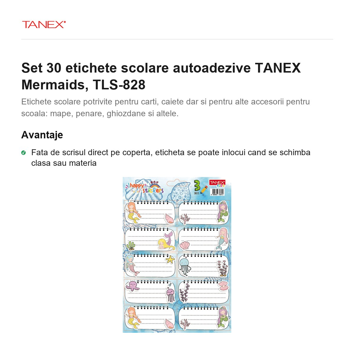 Set 30 etichete scolare autoadezive TANEX Mermaids, TLS-828 [2]