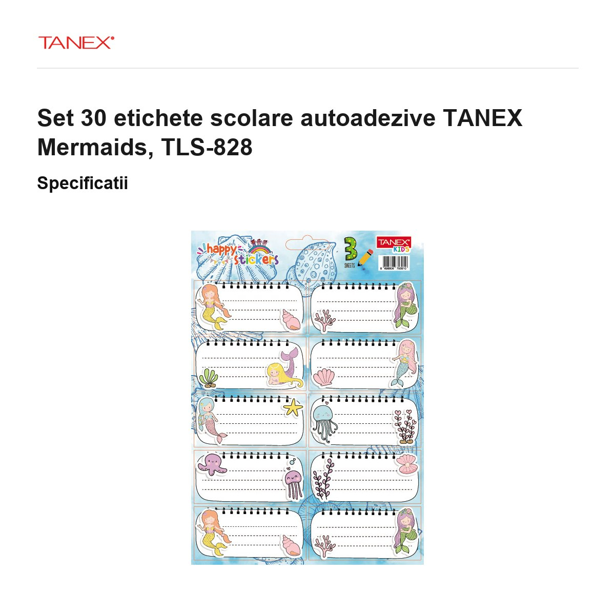 Set 30 etichete scolare autoadezive TANEX Mermaids, TLS-828 [3]