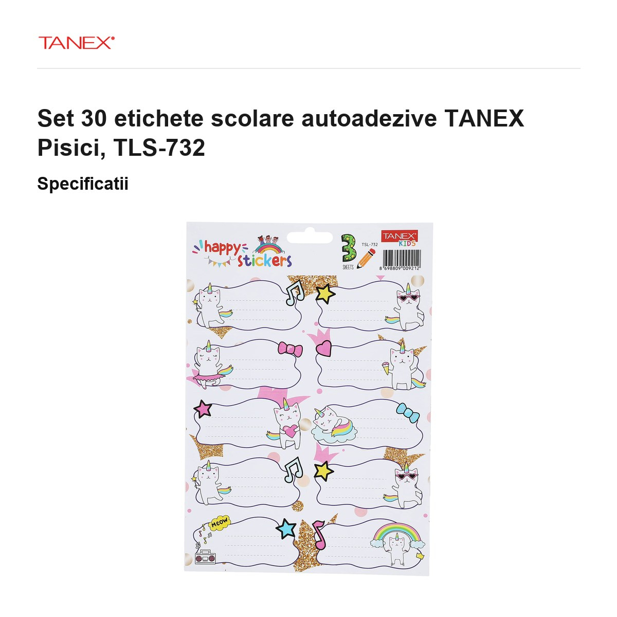 Set 30 etichete scolare autoadezive TANEX Pisici, TLS-732 [3]