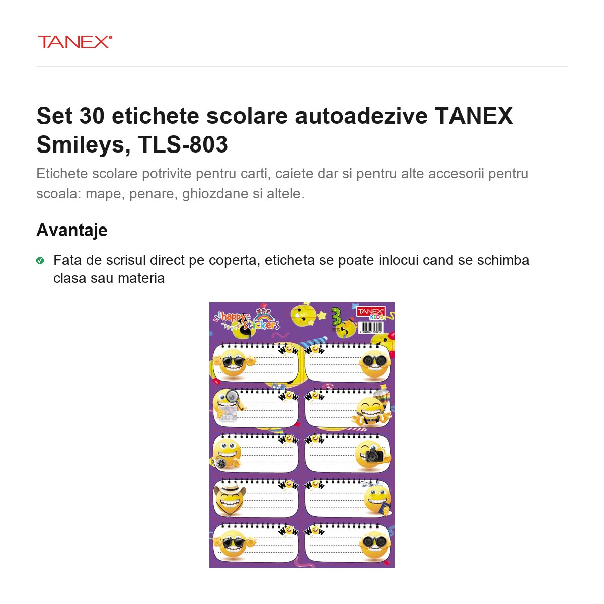 Set 30 etichete scolare autoadezive TANEX Smileys, TLS-803 [2]