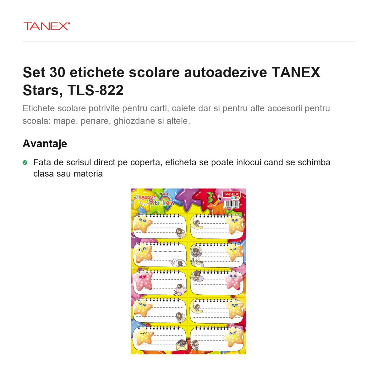 Set 30 etichete scolare autoadezive TANEX Stars, TLS-822 [2]