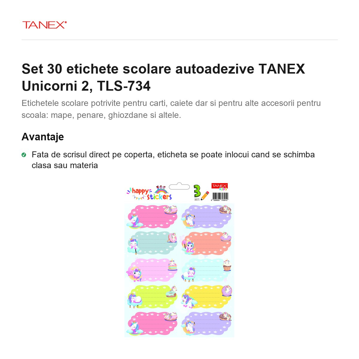 Set 30 etichete scolare autoadezive TANEX Unicorni 2, TLS-734 [2]