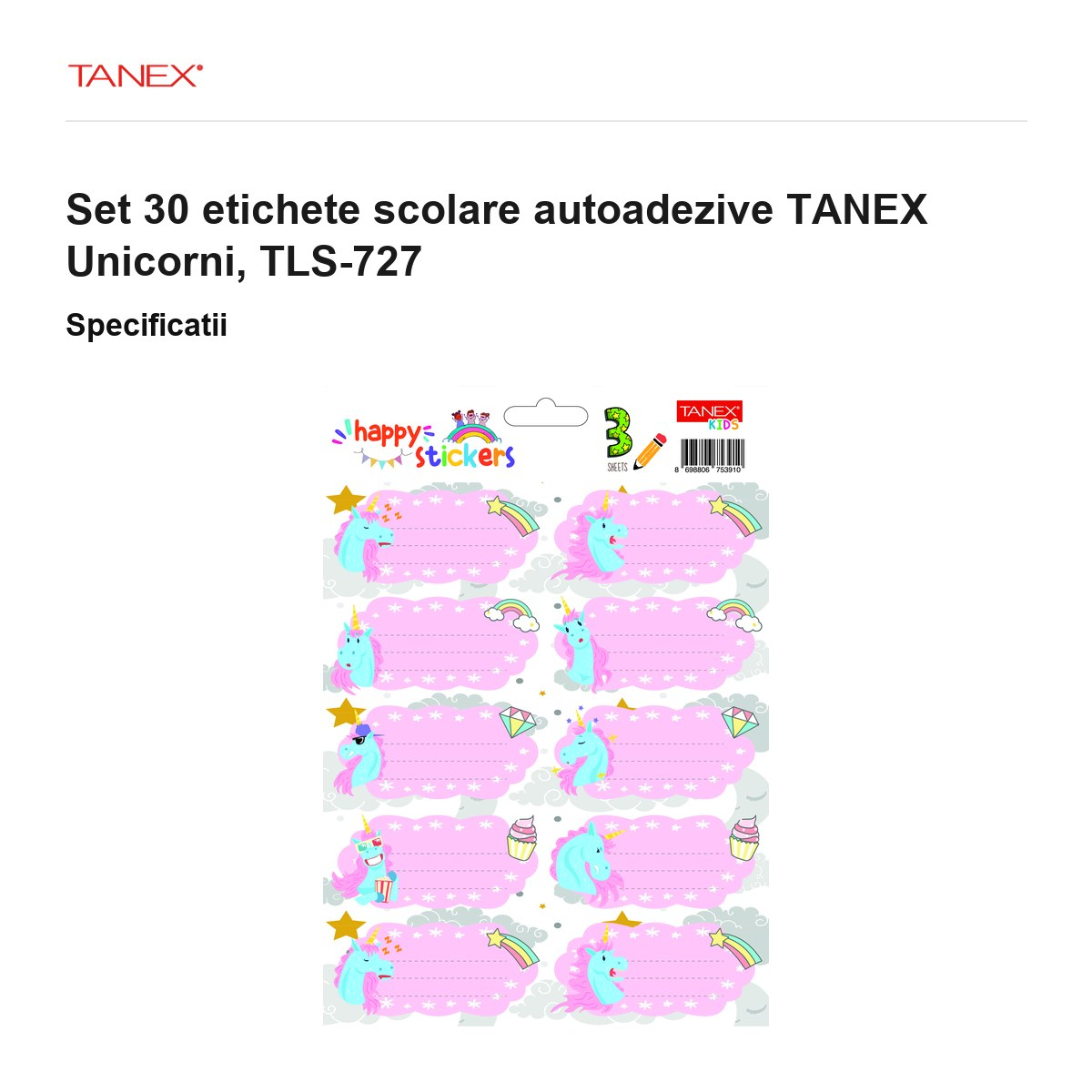Set 30 etichete scolare autoadezive TANEX Unicorni, TLS-727 [3]