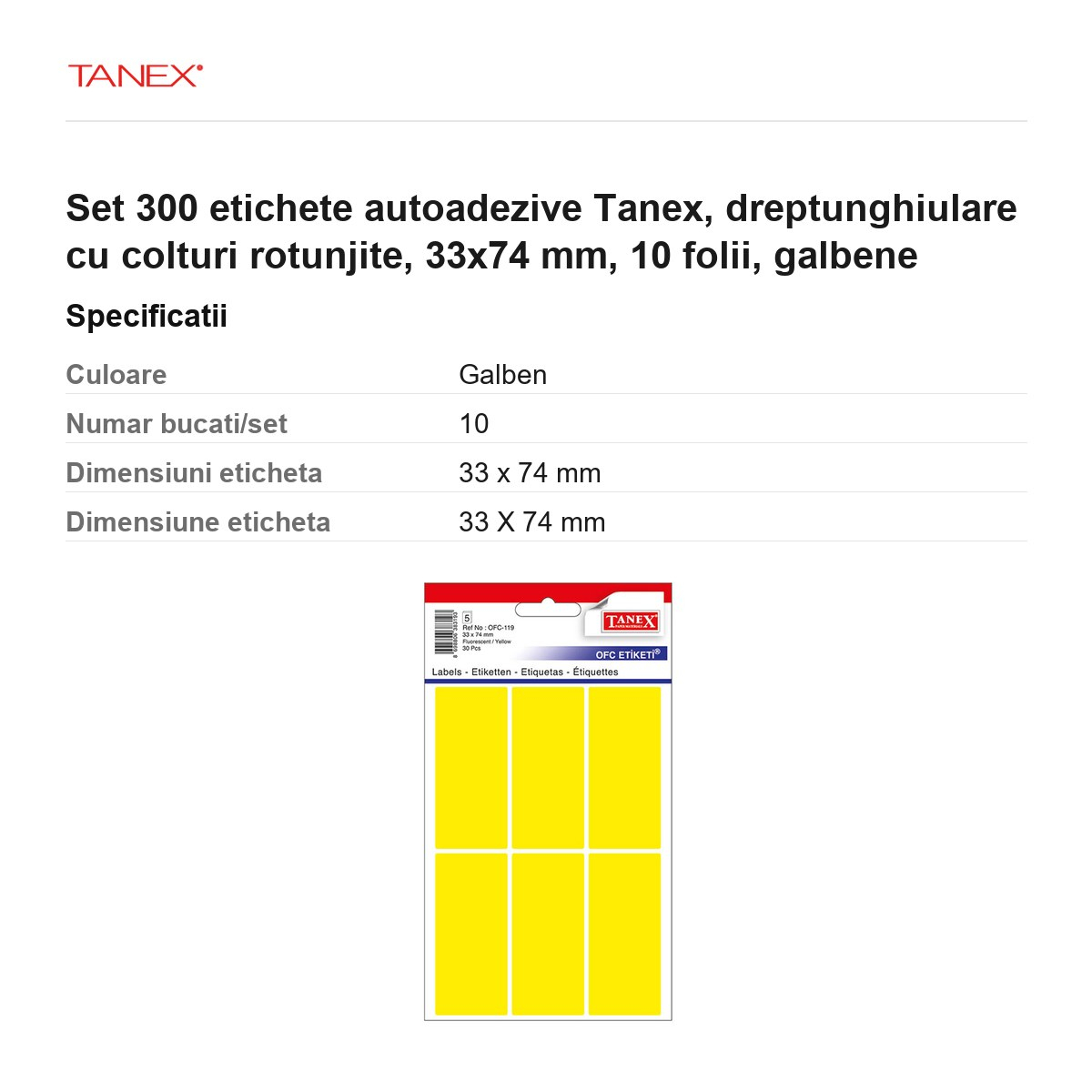Set 300 etichete autoadezive Tanex, dreptunghiulare cu colturi rotunjite, 33x74 mm, 10 seturi, galbene [3]