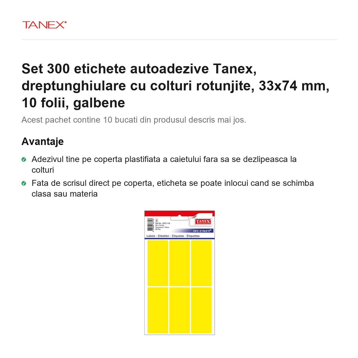 Set 300 etichete autoadezive Tanex, dreptunghiulare cu colturi rotunjite, 33x74 mm, 10 seturi, galbene [2]