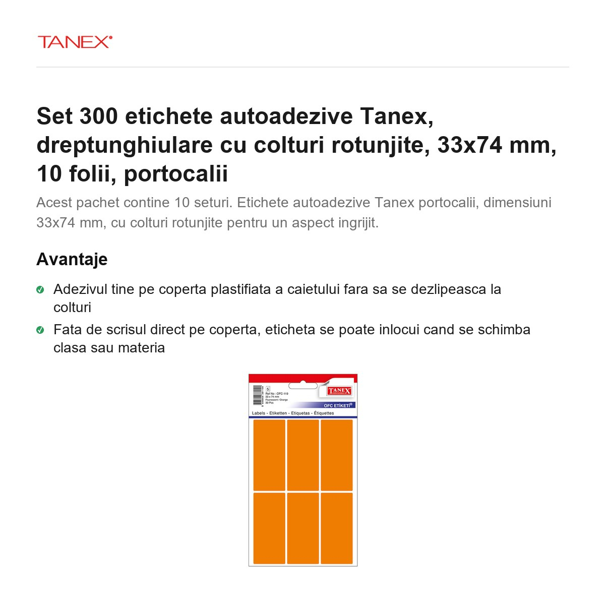 Set 300 etichete autoadezive Tanex, dreptunghiulare cu colturi rotunjite, 33x74 mm, 10 seturi, portocalii [2]