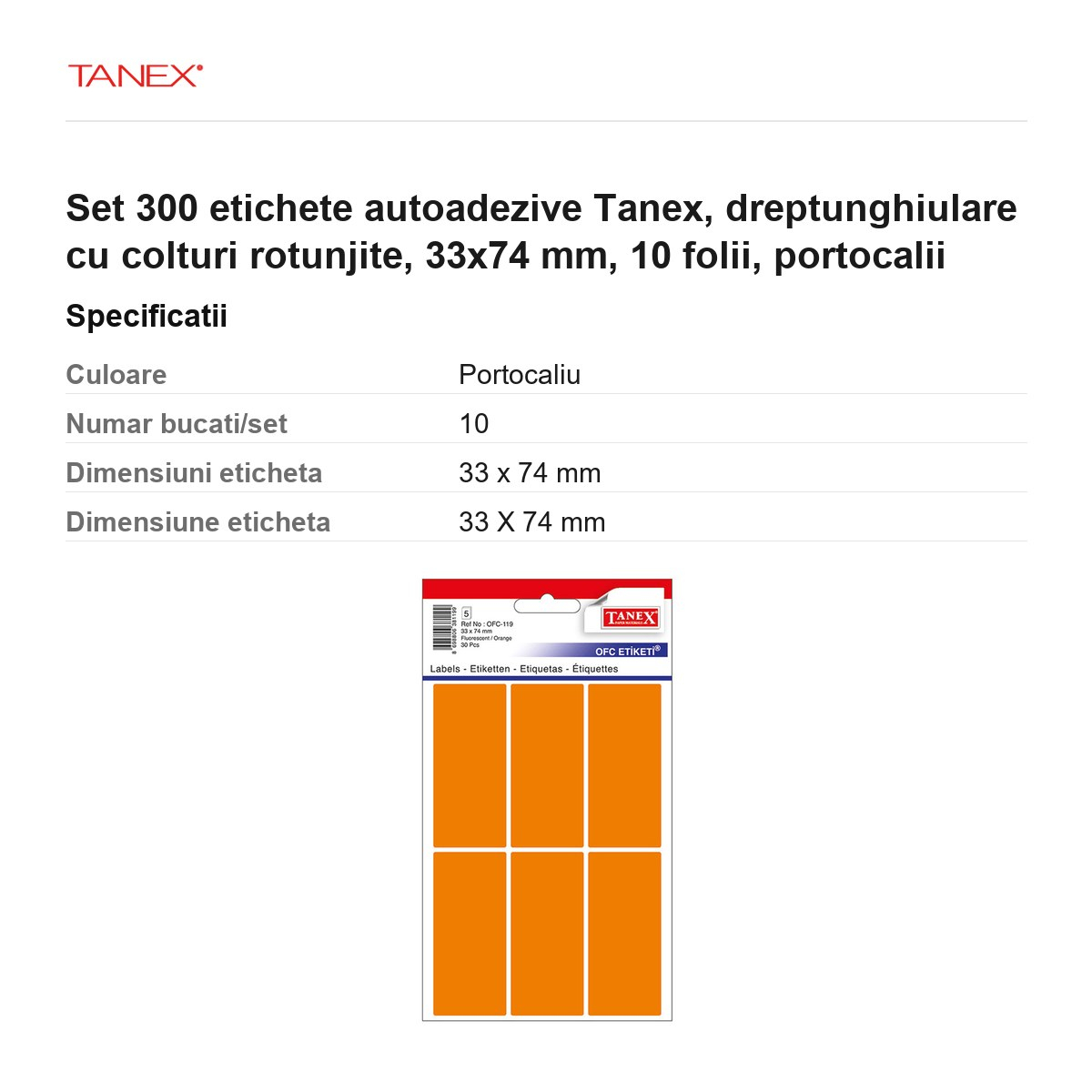 Set 300 etichete autoadezive Tanex, dreptunghiulare cu colturi rotunjite, 33x74 mm, 10 seturi, portocalii [3]