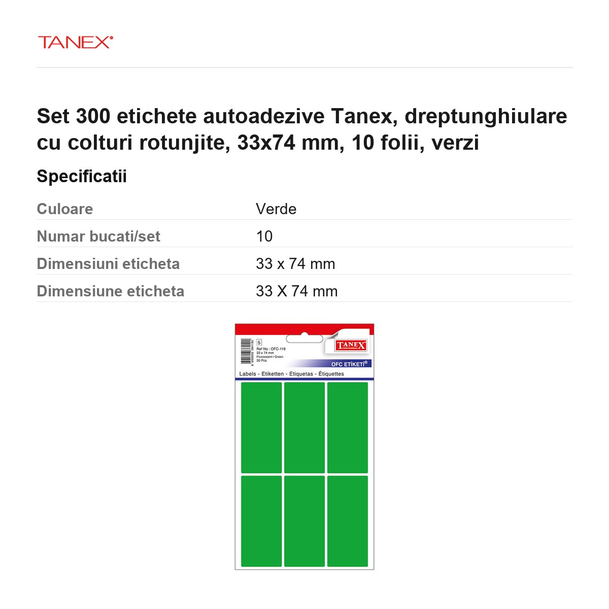 Set 300 etichete autoadezive Tanex, dreptunghiulare cu colturi rotunjite, 33x74 mm, 10 seturi, verzi [3]