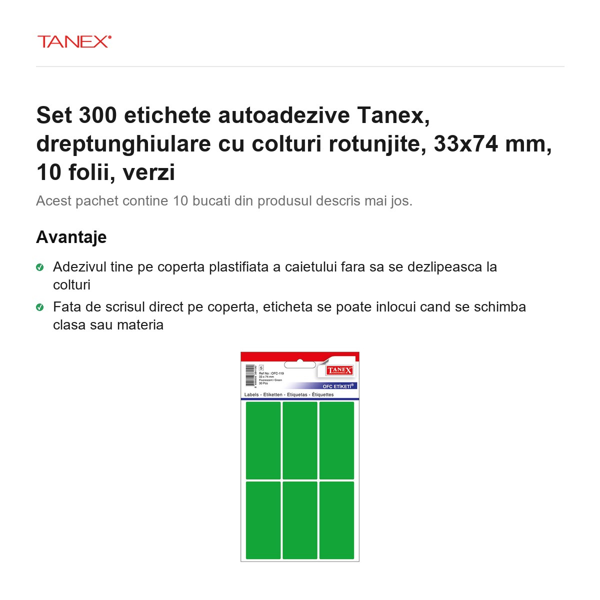 Set 300 etichete autoadezive Tanex, dreptunghiulare cu colturi rotunjite, 33x74 mm, 10 seturi, verzi [2]