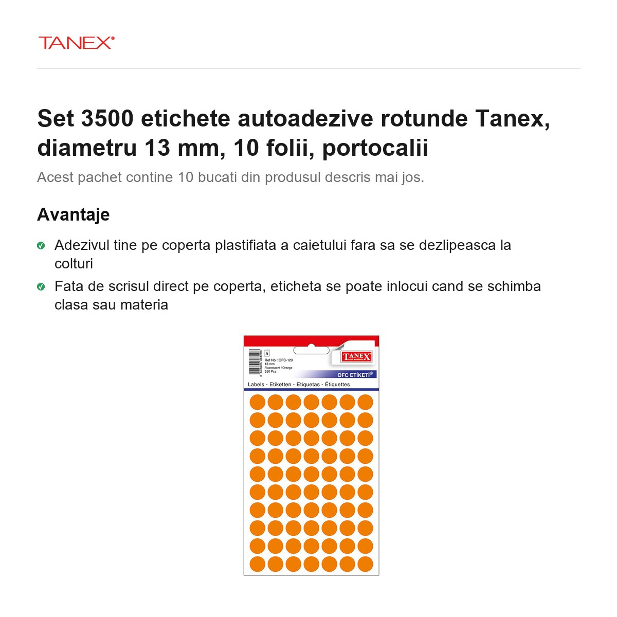 Set 3500 etichete autoadezive rotunde Tanex, diametru 13 mm, 10 seturi, portocalii [2]