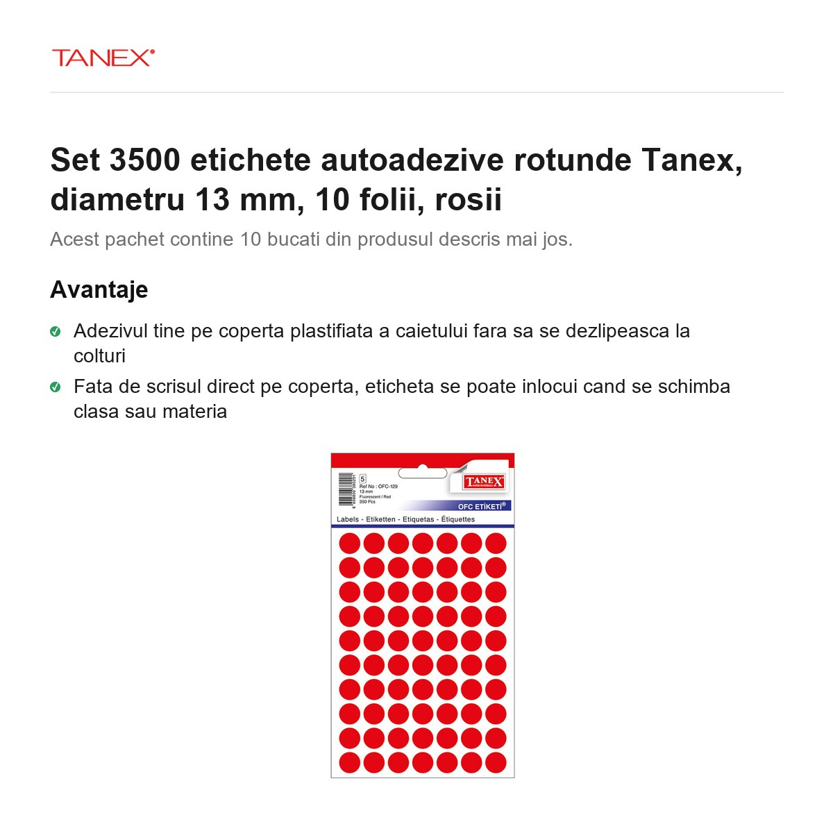 Set 3500 etichete autoadezive rotunde Tanex, diametru 13 mm, 10 seturi, rosii [2]