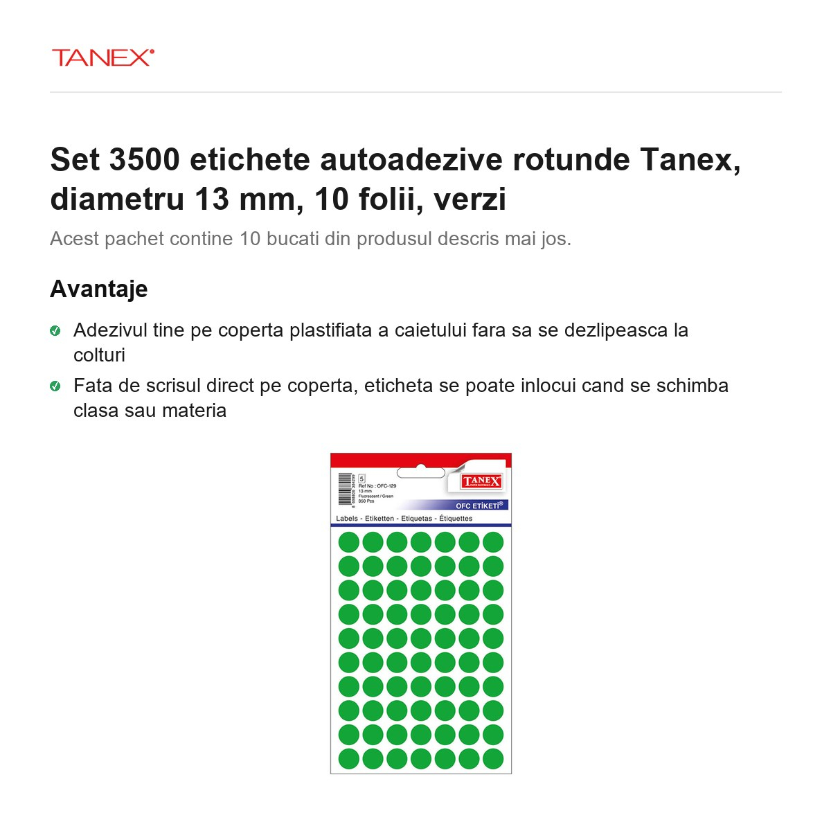 Set 3500 etichete autoadezive rotunde Tanex, diametru 13 mm, 10 seturi, verzi [2]