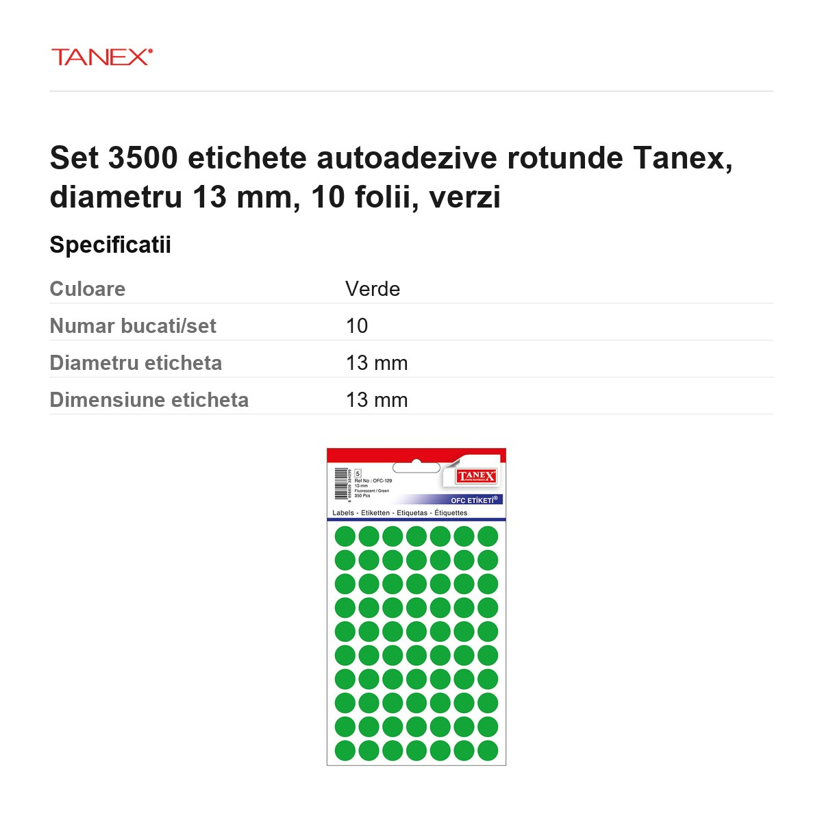 Set 3500 etichete autoadezive rotunde Tanex, diametru 13 mm, 10 seturi, verzi [3]