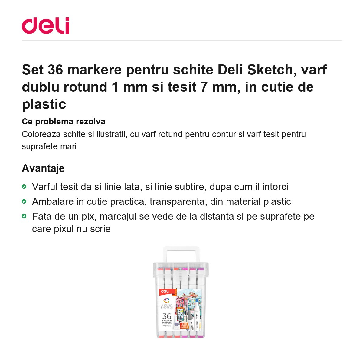 Set 36 markere pentru schite Deli Sketch, varf dublu rotund 1 mm si tesit 7 mm, in cutie de plastic [2]