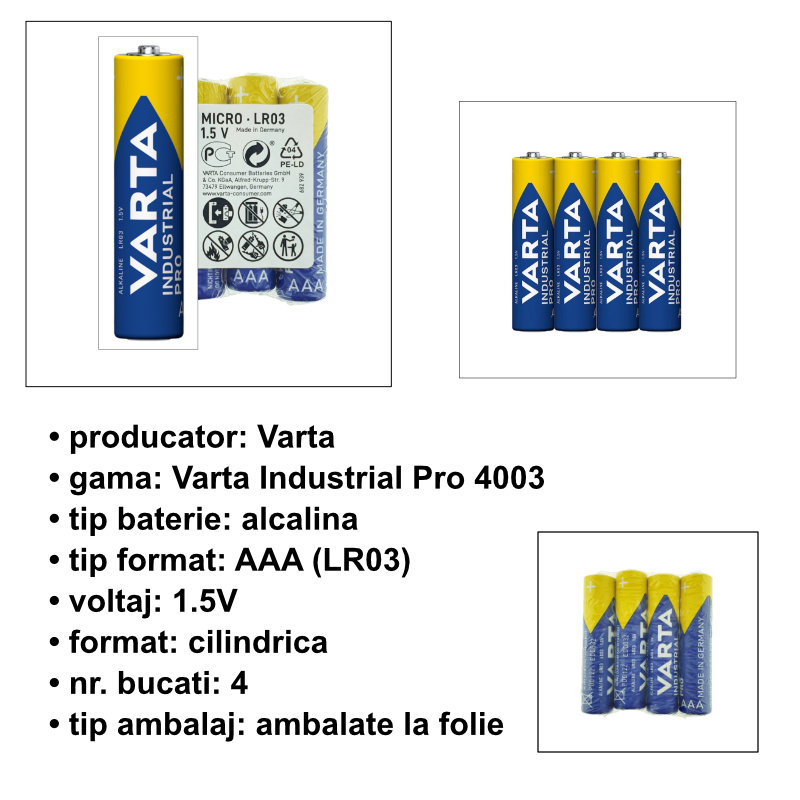 Set 4 baterii alcaline LR03, Varta Industrial Pro 35673, AAA, 1.5V, in folie [4]