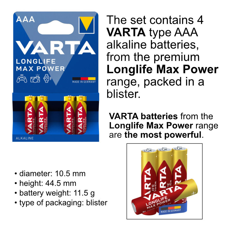 Set 4 baterii alcaline LR03, Varta Longlife Max Power AAA, 1.5V, in blister [5]