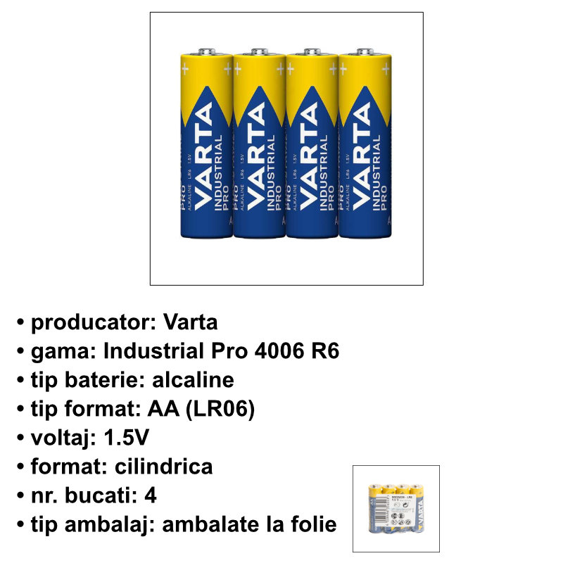 Set 4 baterii alcaline LR06, Varta Industrial Pro 35655, AA, 1.5V, in folie [4]
