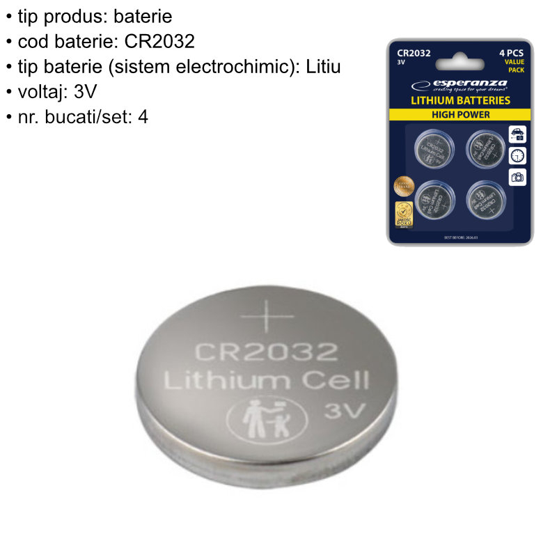 Set 4 baterii Litiu 3V CR2032, Esperanza 95805, tip moneda, in blister [4]