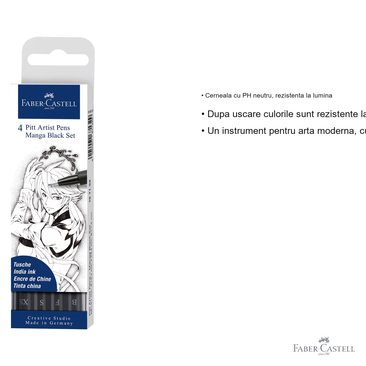 Set 4 linere Faber-Castell Pitt Artist Pen Manga negru, cerneala rezistenta la apa, pentru schite si desen tehnic [3]