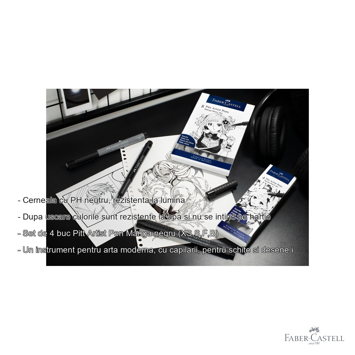 Set 4 linere Faber-Castell Pitt Artist Pen Manga negru, cerneala rezistenta la apa, pentru schite si desen tehnic [2]