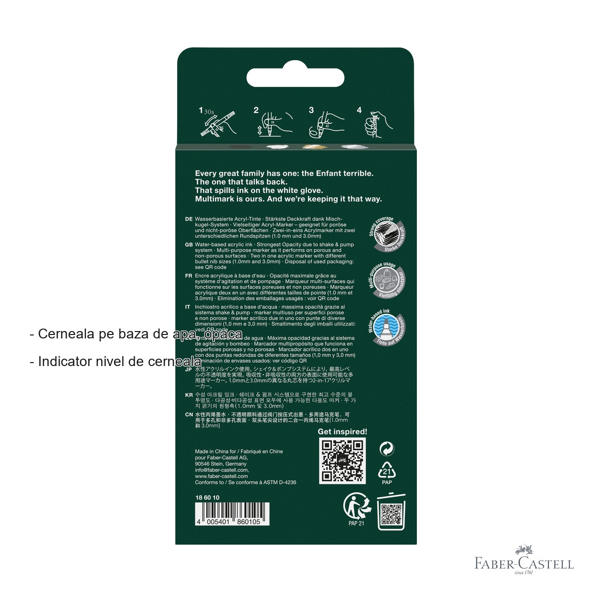 Set 4 markere acrilice Faber-Castell Multimark, varf dublu, culori negru-alb-gri-auriu, pentru suprafete multiple [2]