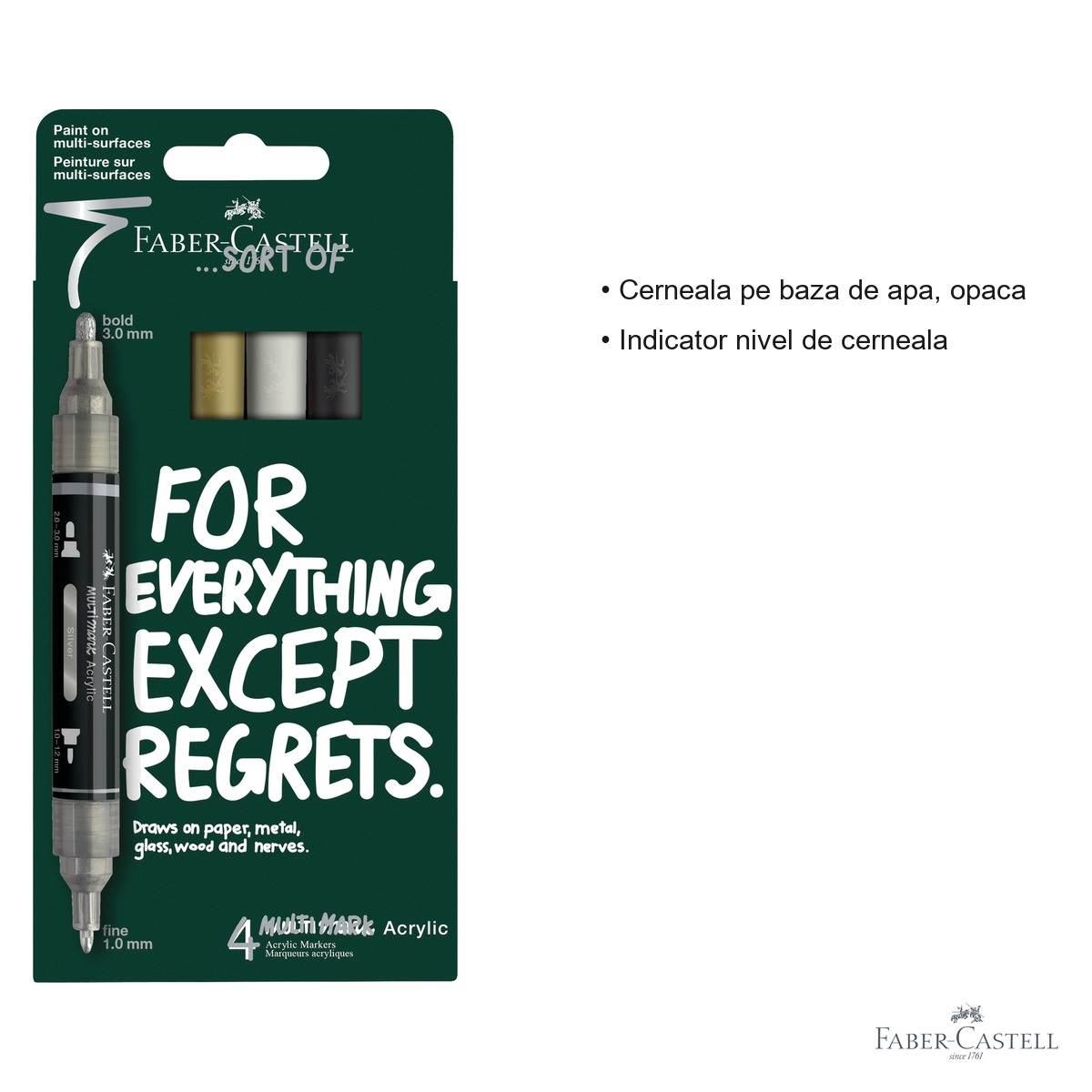 Set 4 markere acrilice Faber-Castell Multimark, varf dublu, culori negru-alb-gri-auriu, pentru suprafete multiple [3]