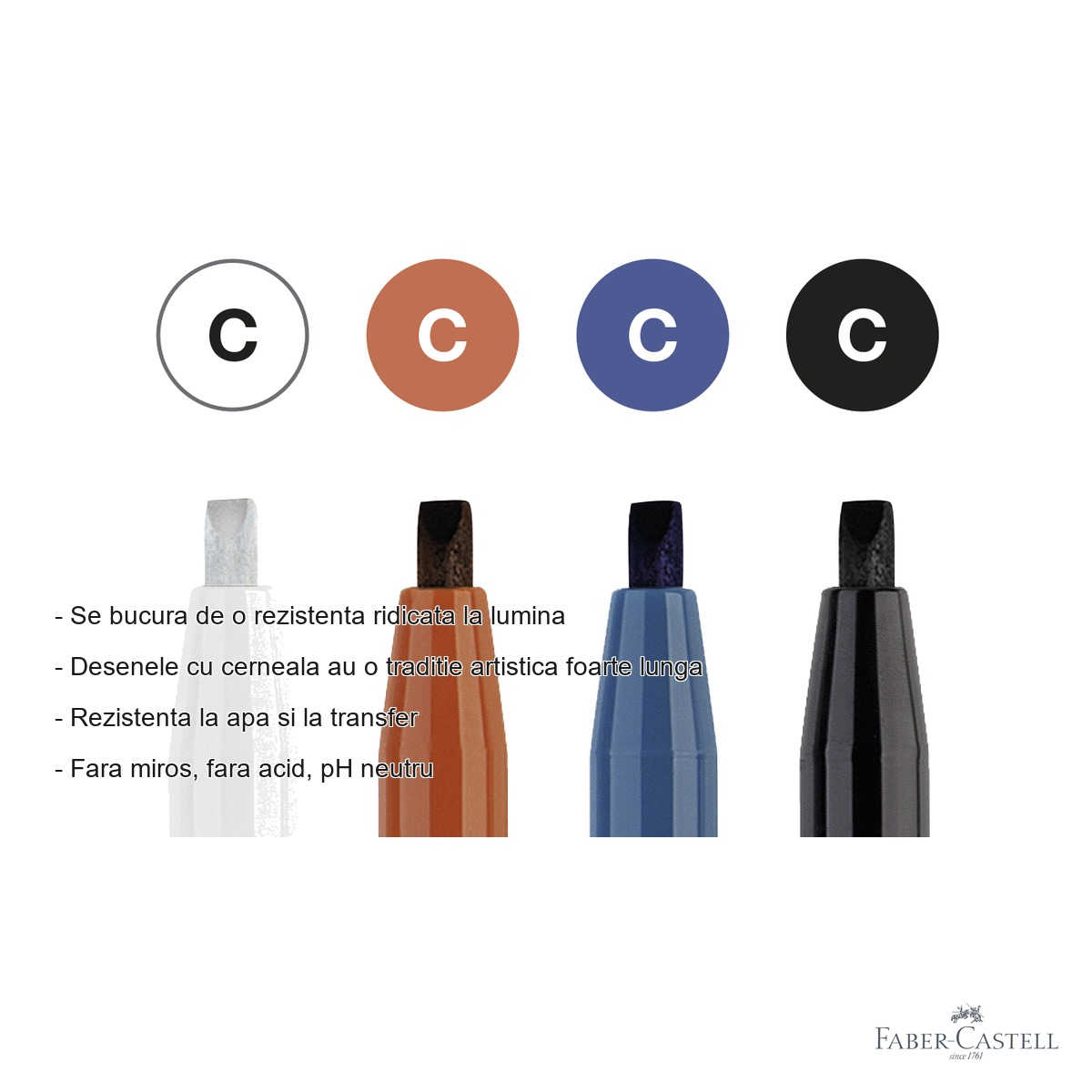 Set 4 markere caligrafice Faber-Castell Pitt Artist Pen, varf caligrafic 2.5 mm, cerneala pigmentata rezistenta la apa [2]