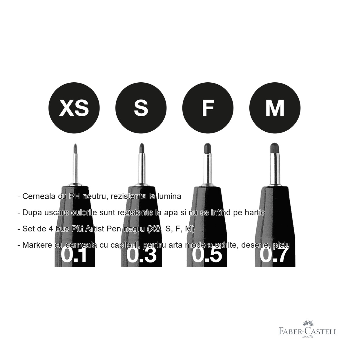 Set 4 markere Faber-Castell Pitt Artist Pen, cerneala rezistenta la apa, pentru schite si desen artistic [2]