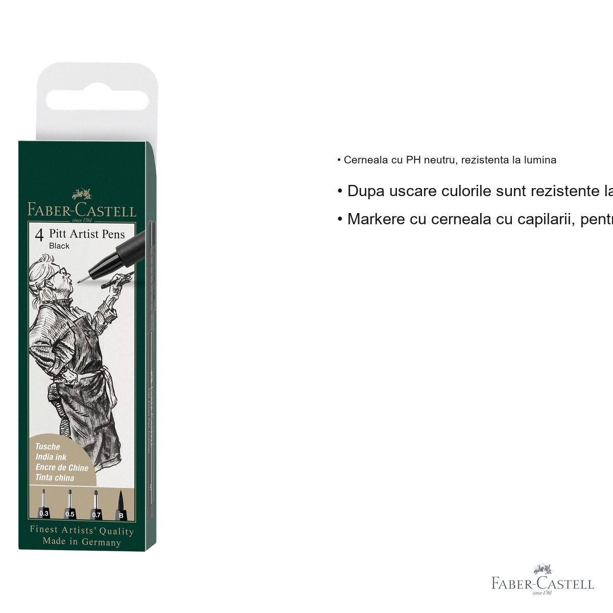 Set 4 markere Faber-Castell Pitt Artist Pen negru, cerneala rezistenta la apa, pentru schite si desen artistic [3]