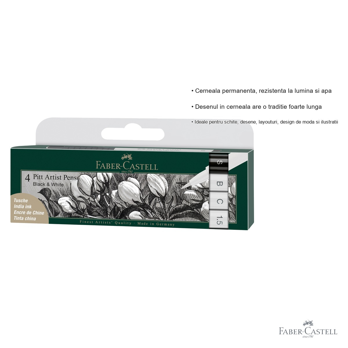 Set 4 markere Pitt Artist Pen Faber-Castell, varf pensula si caligrafic, alb si negru, pentru ilustratie si design [3]