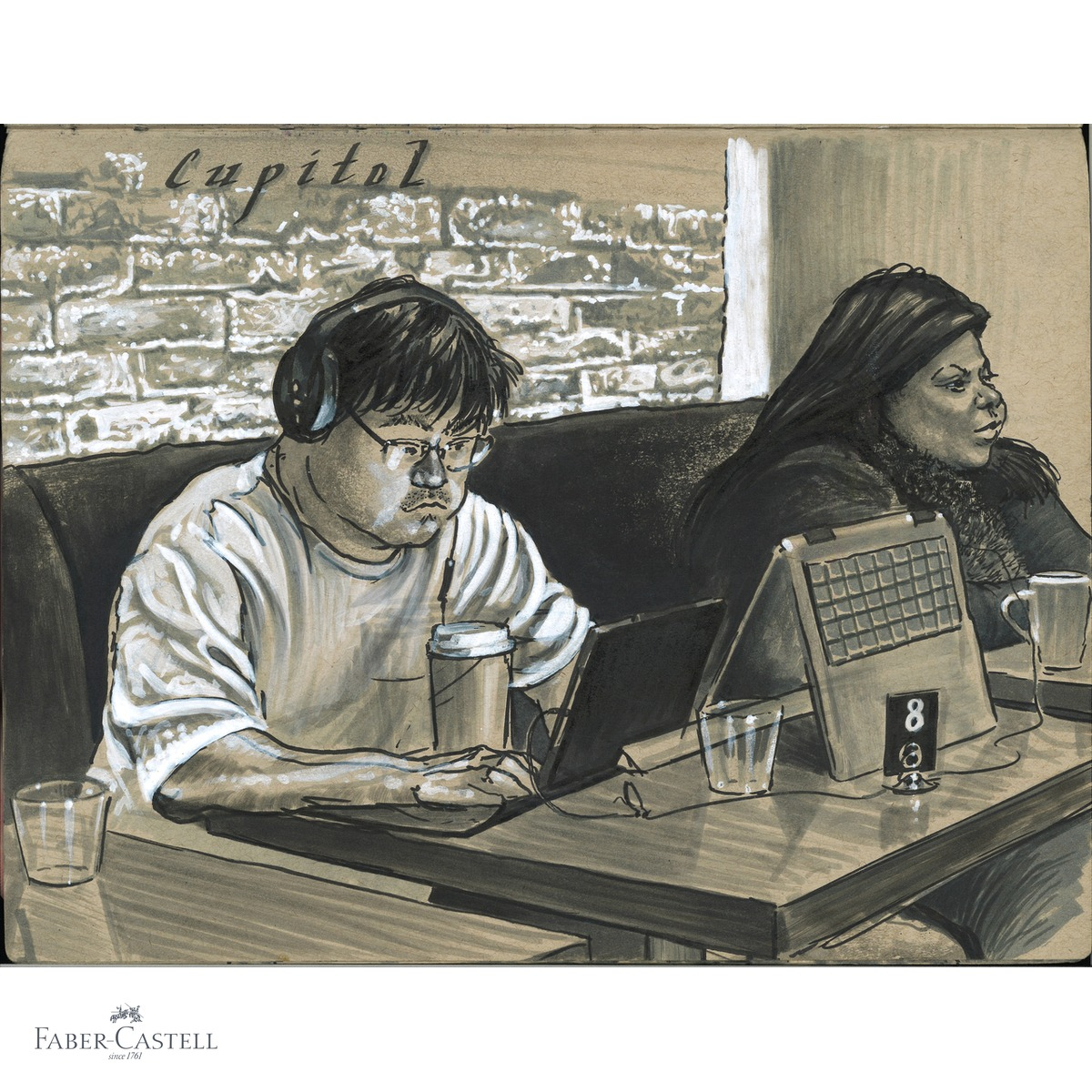 Set 4 markere Pitt Artist Pen Faber-Castell, varf pensula si caligrafic, alb si negru, pentru ilustratie si design [4]