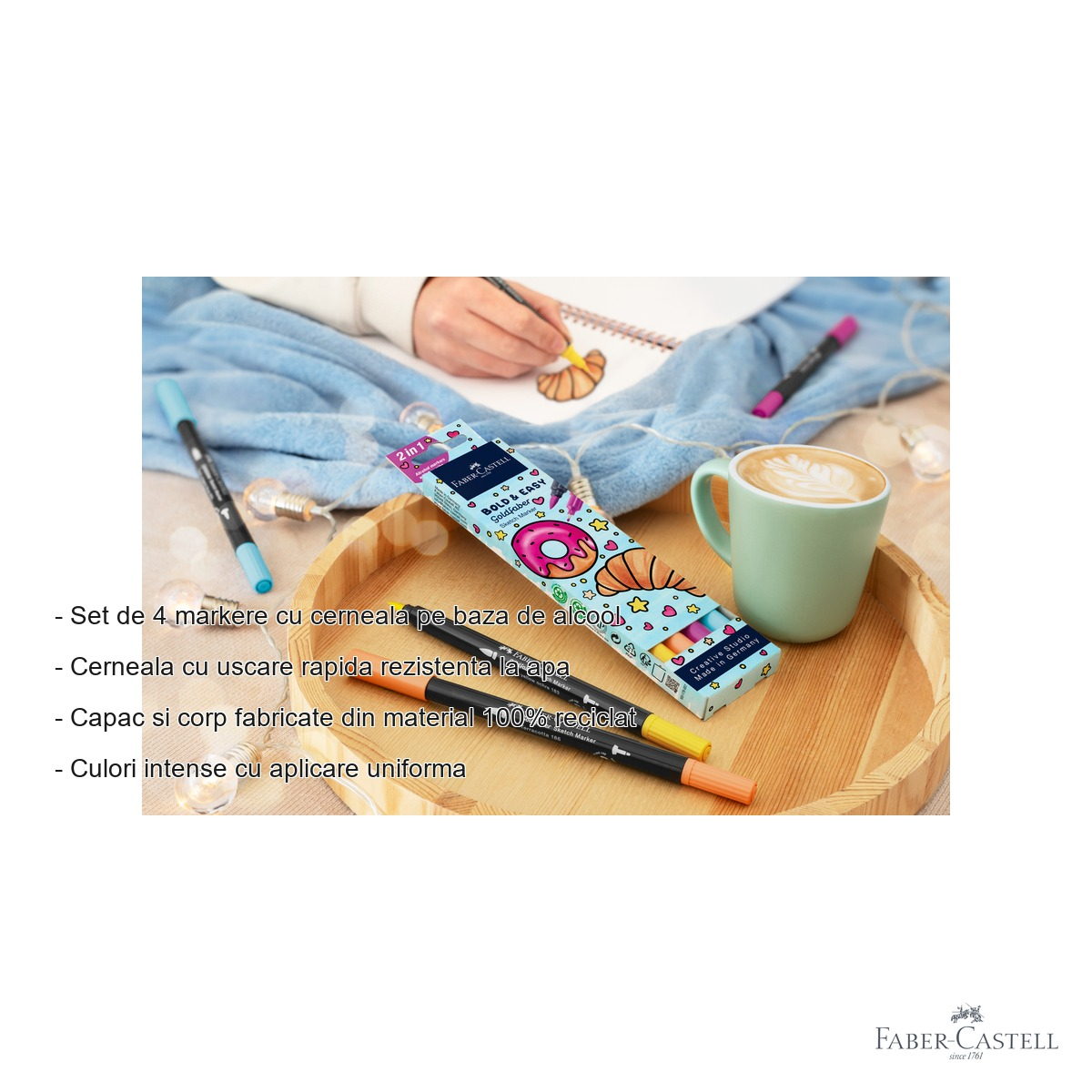 Set 4 markere sketch cu 2 capete Faber-Castell Goldfaber Bold and Easy II, varf pensula si liner, cerneala alcool [2]