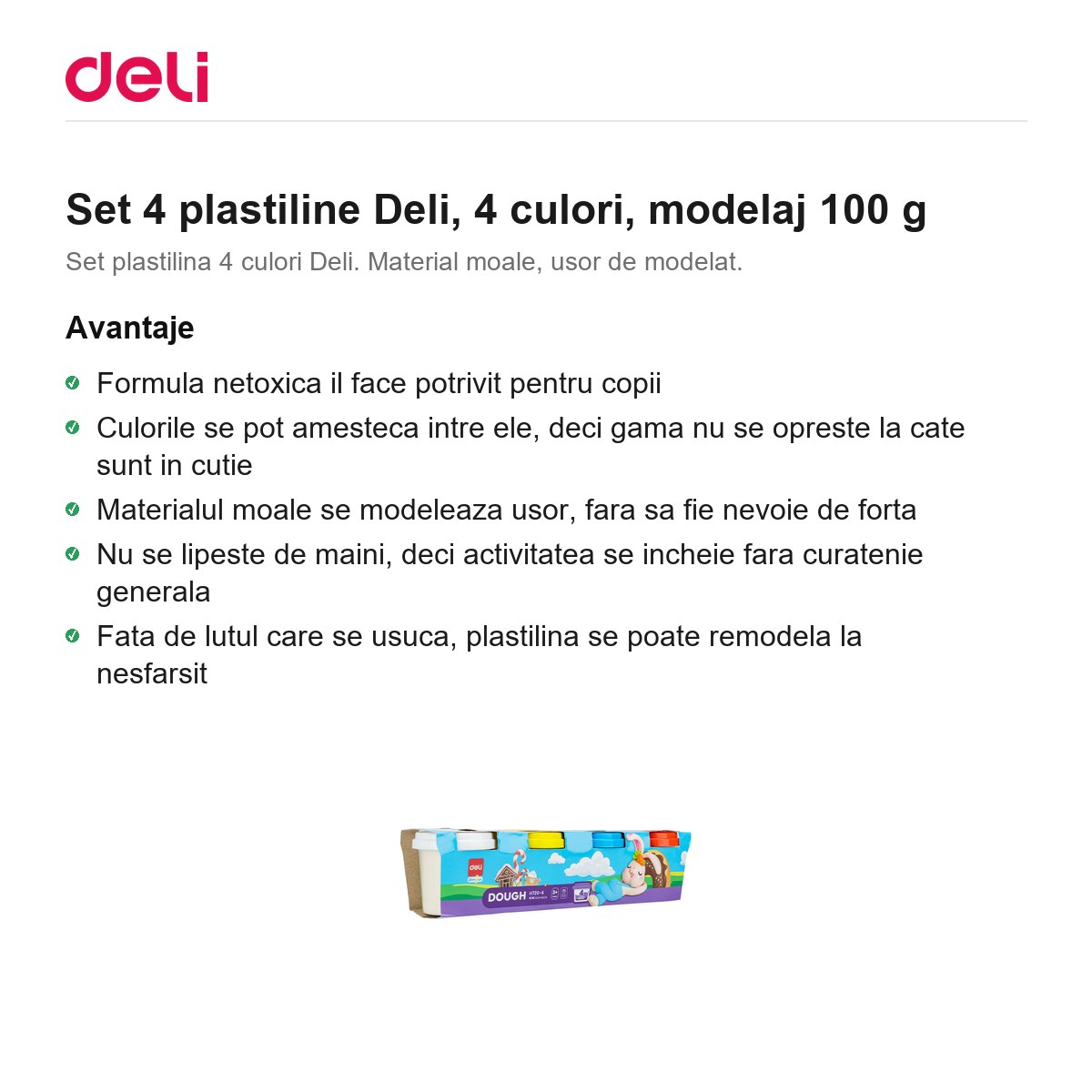 Set 4 plastiline Deli, 4 culori, modelaj 100 g [2]