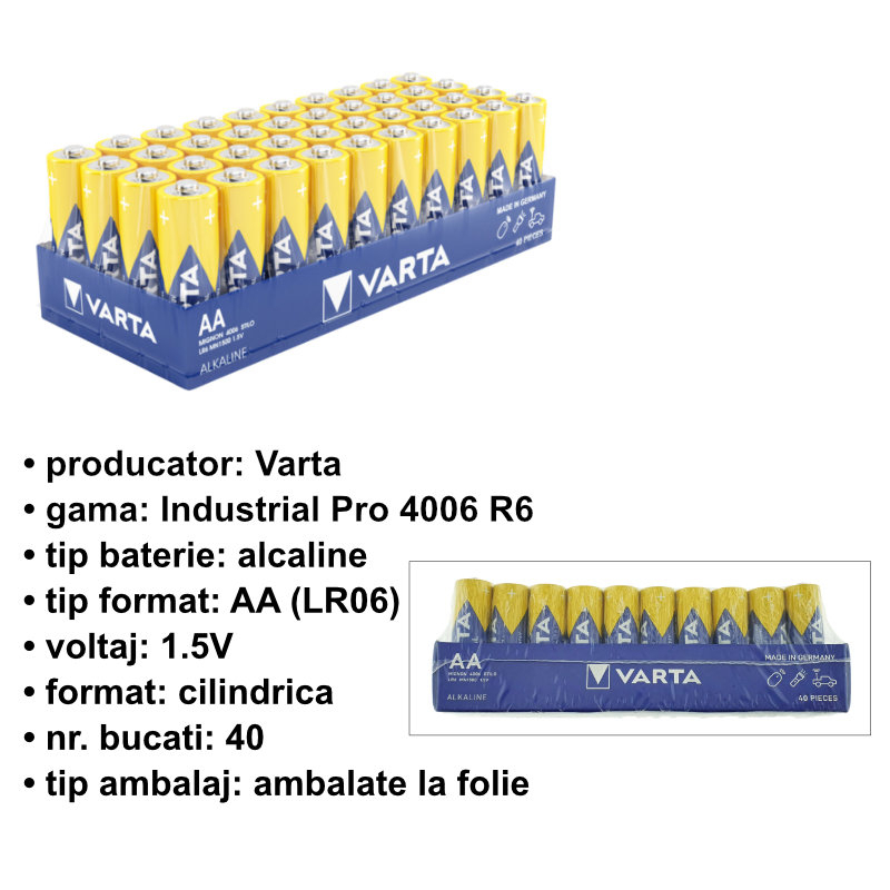 Set 40 baterii alcaline LR06, Varta Industrial Pro 35656, AA, 1.5V, in folie [4]