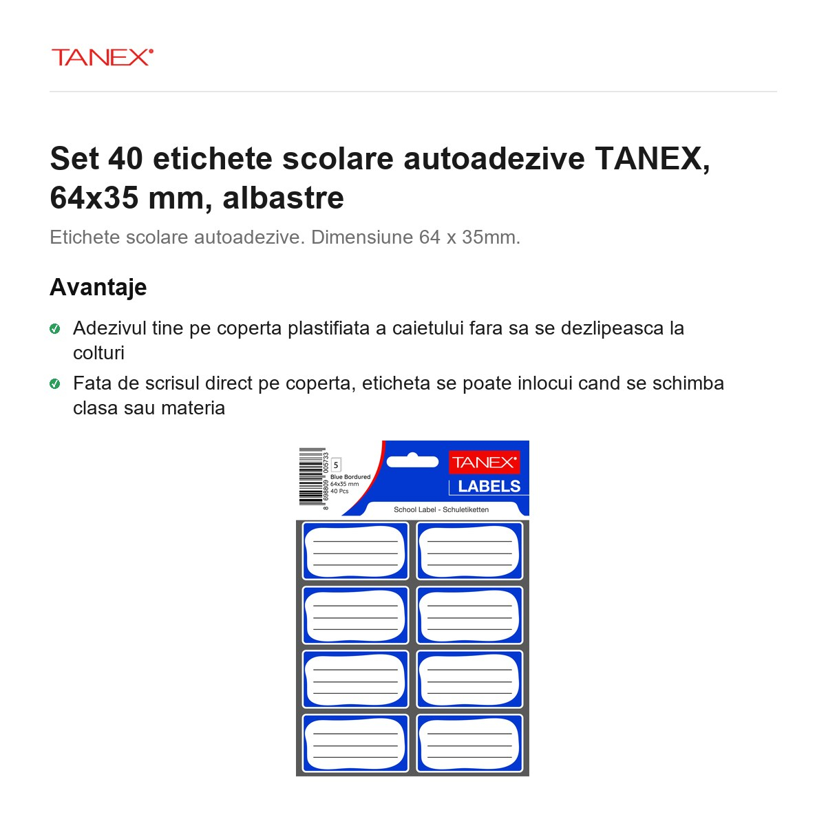 Set 40 etichete scolare autoadezive TANEX, 64x35 mm, albastre [2]